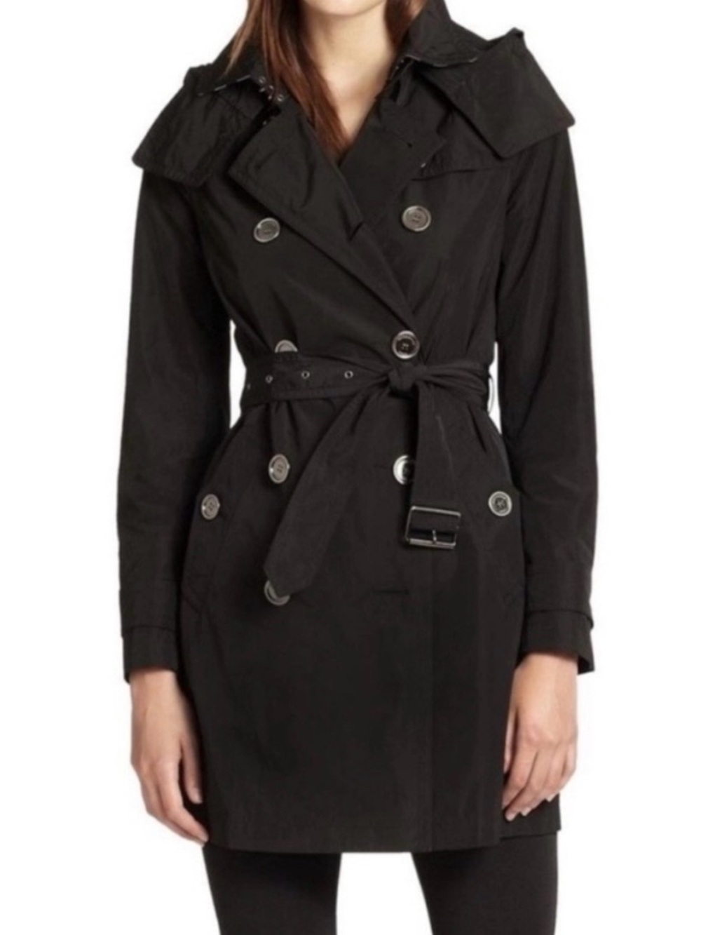 Burberry Brit Balmoral Black Double-Breasted Trench Coat w/ Self Tie Belt & Hood